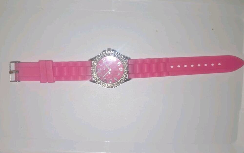 Vivani Pink Silicone Strap Watch with Rhinestone Bezel